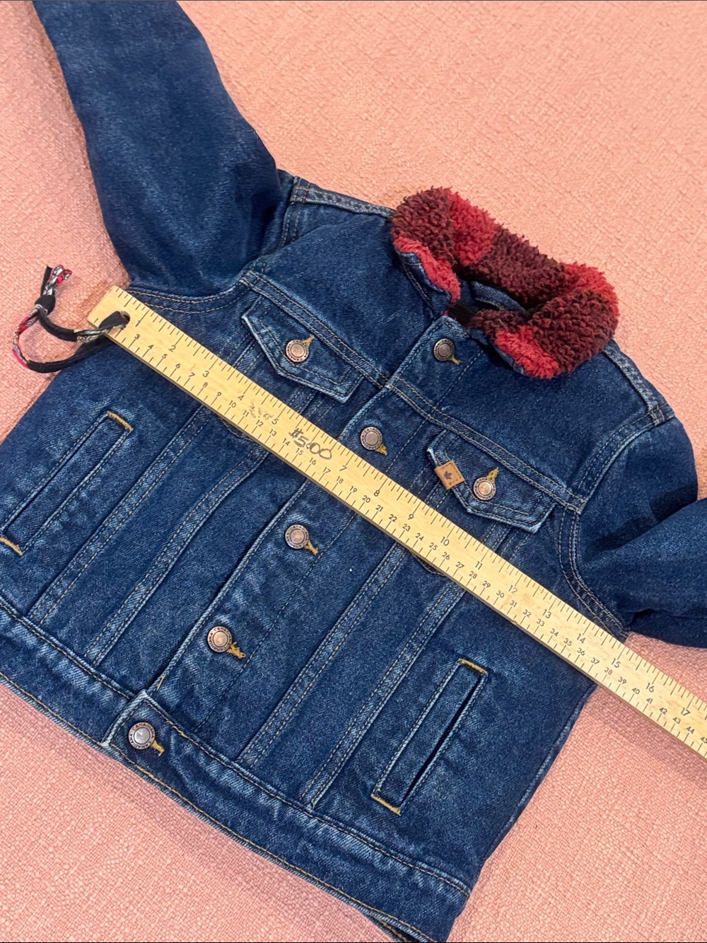 Child / Kids Blue Denim Jacket with Red plaid Sherpa interior & Collar - Picture 9 of 13